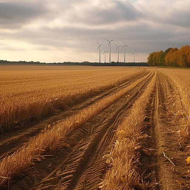 Een veld met op de achtergrond een rij windmolens