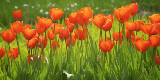 Een veld met oranje bloemen met het woord tulpen erop