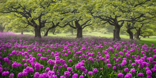 Een veld met paarse bloemen met bomen op de achtergrond