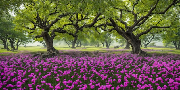 Een veld met paarse bloemen met bomen op de achtergrond