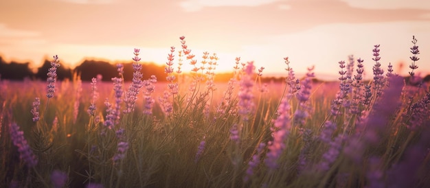 Een veld met paarse bloemen met daarachter de ondergaande zon