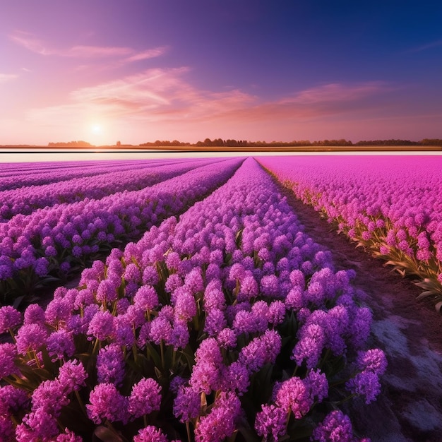 Een veld met paarse bloemen met daarachter de ondergaande zon