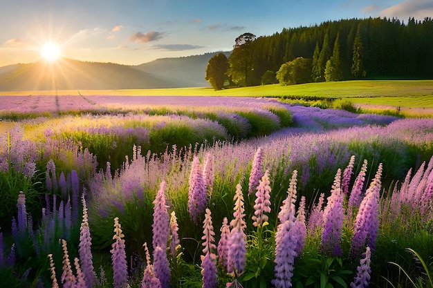 een veld met paarse bloemen waar de zon door de bomen schijnt.