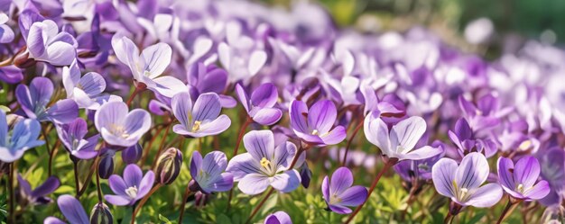 een veld met paarse en witte bloemen waar de zon schijnt