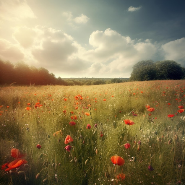 Een veld met rode bloemen met een blauwe lucht op de achtergrond