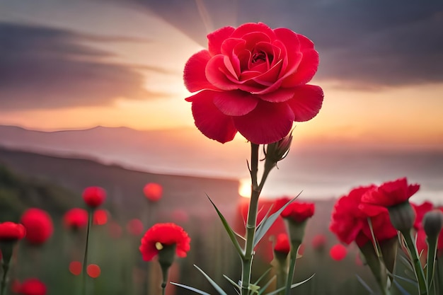 Een veld met rode bloemen met een zonsondergang op de achtergrond