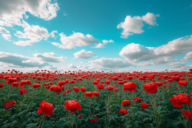 een veld met rode bloemen onder een blauwe lucht