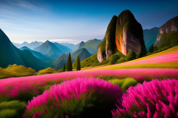 Een veld met roze bloemen met een berg op de achtergrond