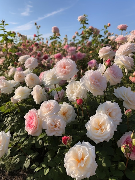 Een veld met rozen met roze en witte bloemen