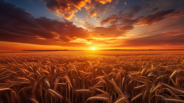 Een veld met tarwe en een prachtige neonzonsondergang