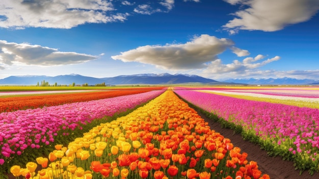 een veld met tulpen met bergen op de achtergrond