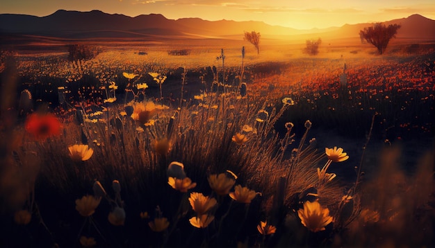 Een veld met wilde bloemen bij zonsondergang met bergen op de achtergrond generatieve AI
