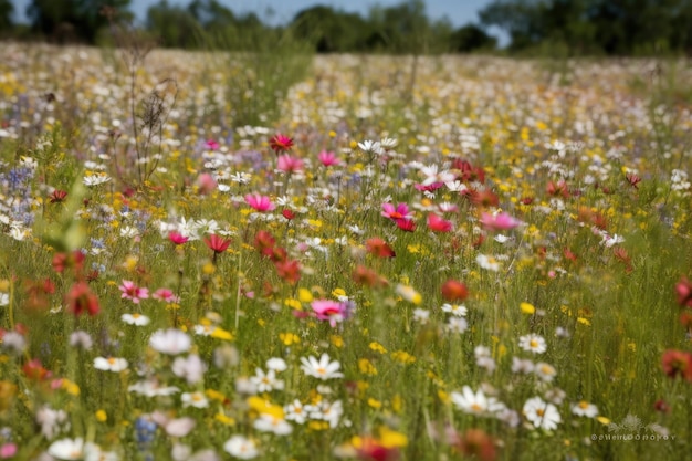 Een veld met wilde bloemen die in de lente bloeien, gemaakt met generatieve AI