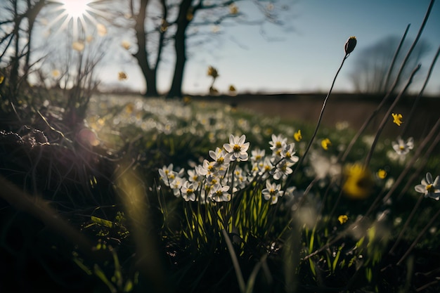 Een veld met witte bloemen met de zon die door de bomen schijnt