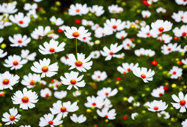 Een veld met witte bloemen met een rood en geel hart dat wit zegt