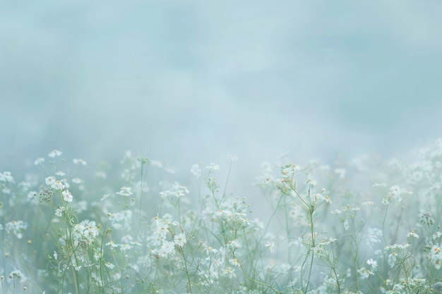 Een veld met witte bloemen onder de blauwe hemel.