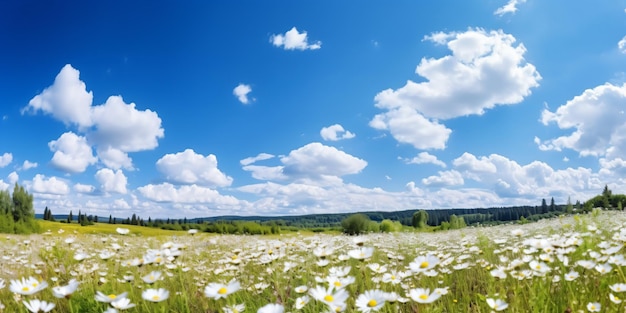 een veld met witte bloemen onder een blauwe lucht