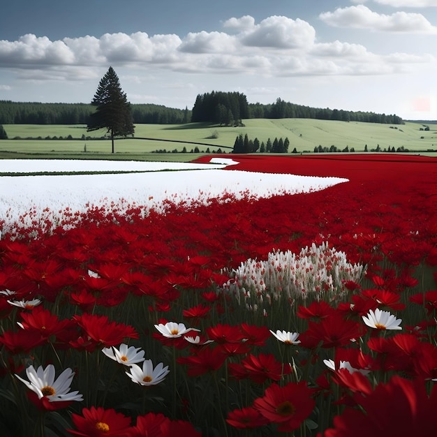 Een veld met witte en rode bloemen met een veld met rode en witte bloemen.