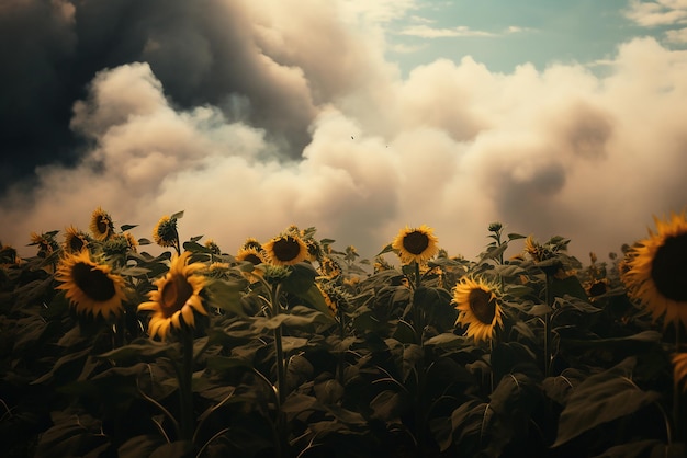 Een veld met zonnebloemen in rook