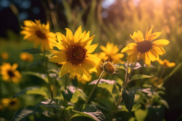 Een veld met zonnebloemen met aan de linkerkant de zon.