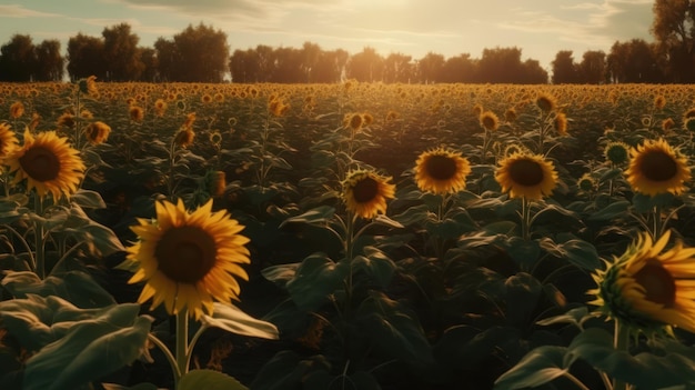 Een veld met zonnebloemen met daarachter de ondergaande zon