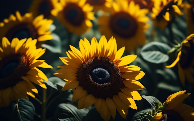 Een veld met zonnebloemen met een blauw centrum dat zonnebloemen zegt.