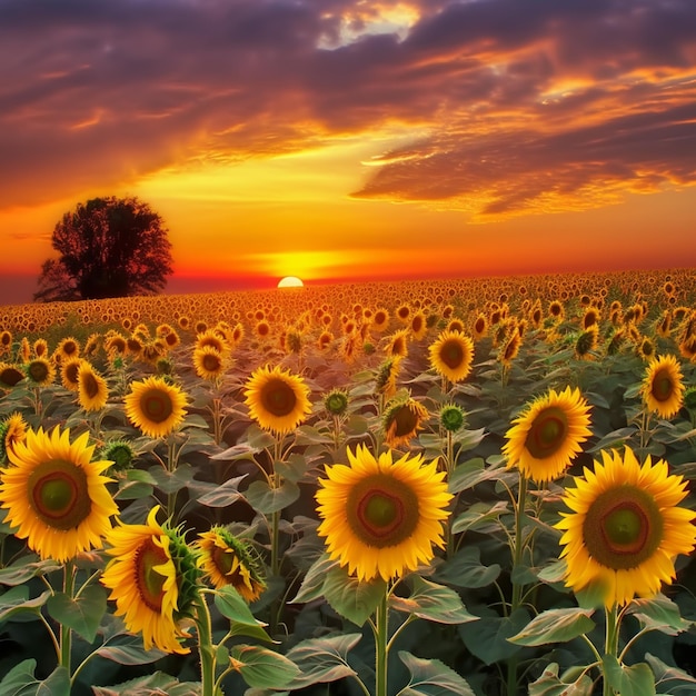 Een veld met zonnebloemen met een boom op de achtergrond