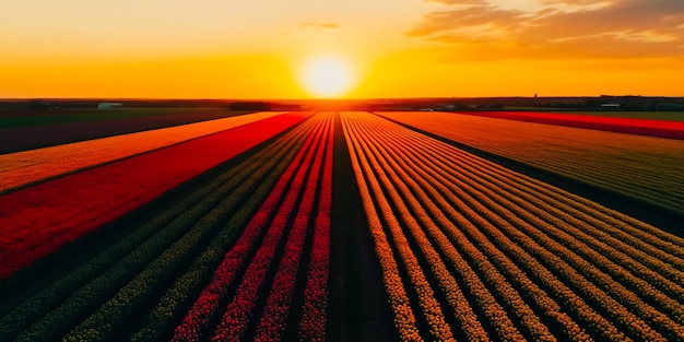 Een veld tulpen met daarachter de ondergaande zon