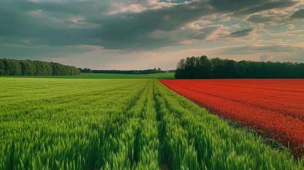 Een veld tulpen met een bewolkte lucht op de achtergrond