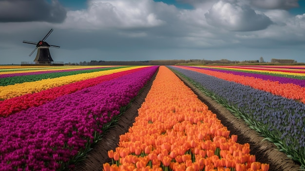 Een veld tulpen met een bewolkte lucht op de achtergrond