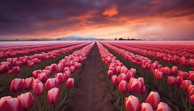 Een veld tulpen met een bewolkte lucht op de achtergrond