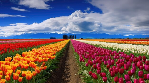 een veld tulpen met een blauwe lucht en wolken op de achtergrond