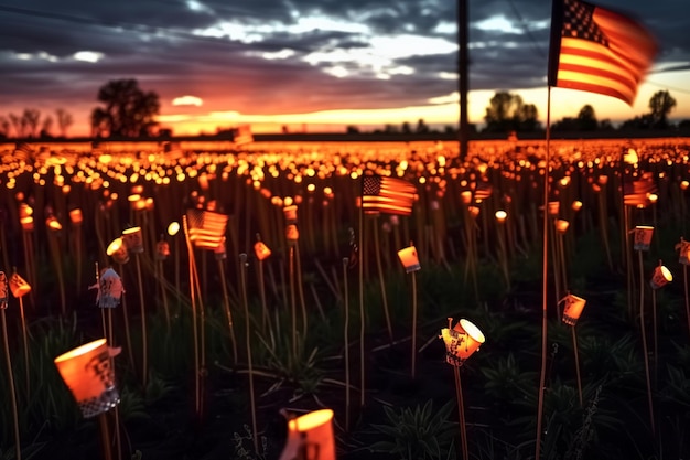 Foto een veld van amerikaanse vlaggen verlicht bij zonsondergang