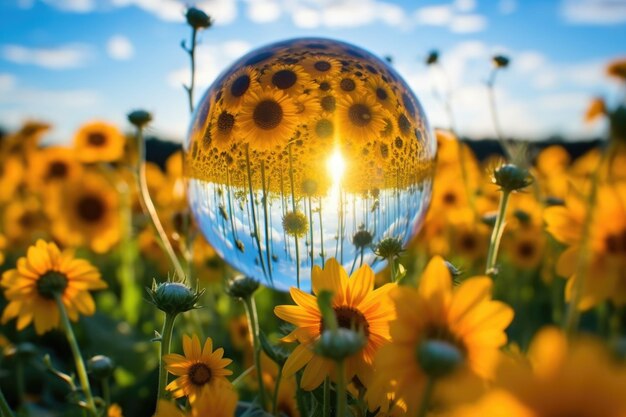 Een veld van bloeiende zonnebloemen weerspiegeld in een zeepbel