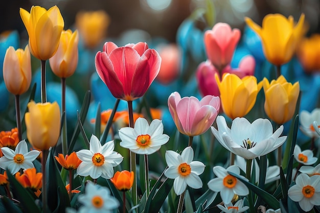 Een veld van bloemen in volle bloei met een verscheidenheid aan kleuren en texturen