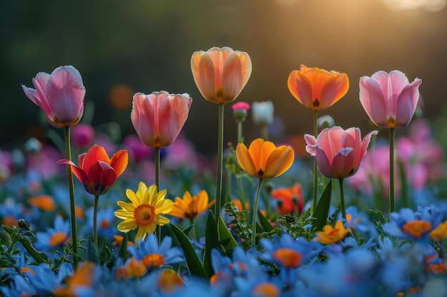 Een veld van bloemen in volle bloei met een verscheidenheid aan kleuren en texturen