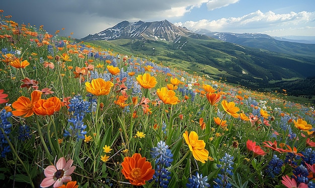 Foto een veld van bloemen met bergen op de achtergrond