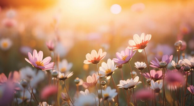 een veld van bloemen met de zon achter hen