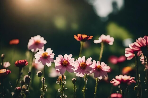 Een veld van bloemen met de zon achter hen