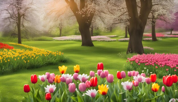 Foto een veld van bloemen met een boom op de achtergrond