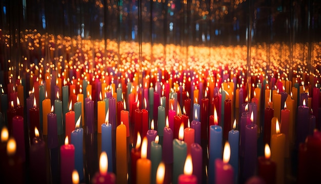 Foto een veld van eindeloze verlichte gekleurde verjaardagskaarsen