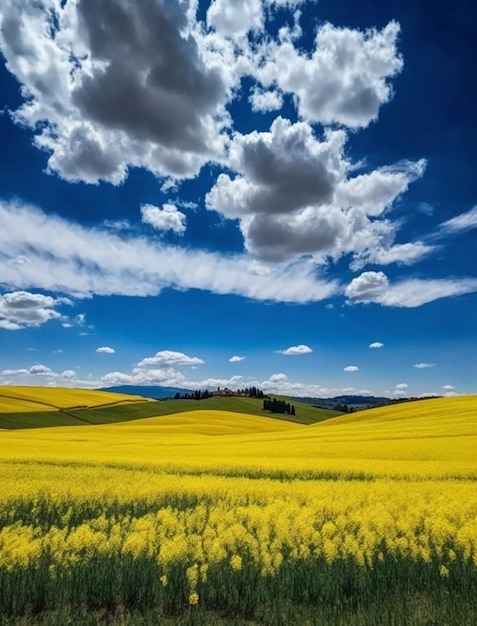 Een veld van gele bloemen met een blauwe lucht en wolken.