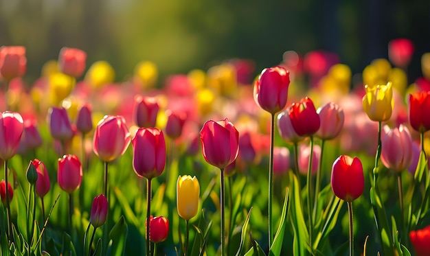 Foto een veld van gele en rode tulpen met het woord tulpen erop