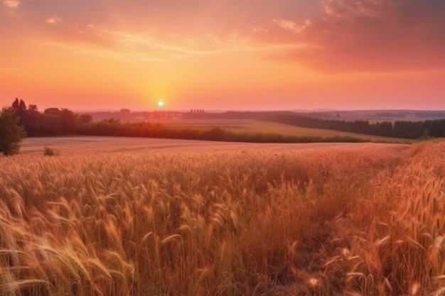 Een veld van gouden tarwe met daarachter de ondergaande zon