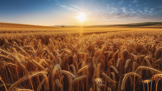 Een veld van gouden tarwe met daarachter de ondergaande zon