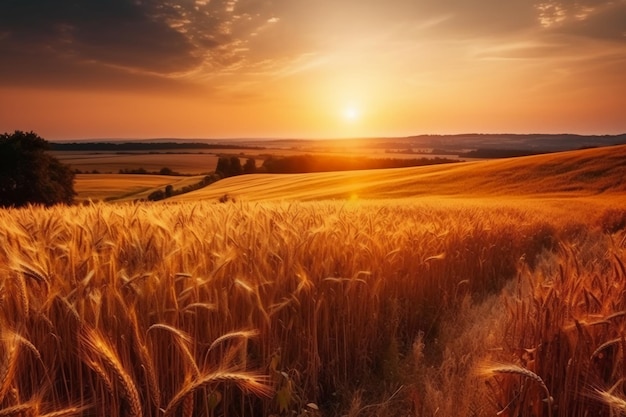 Een veld van gouden tarwe tegen een avondrood