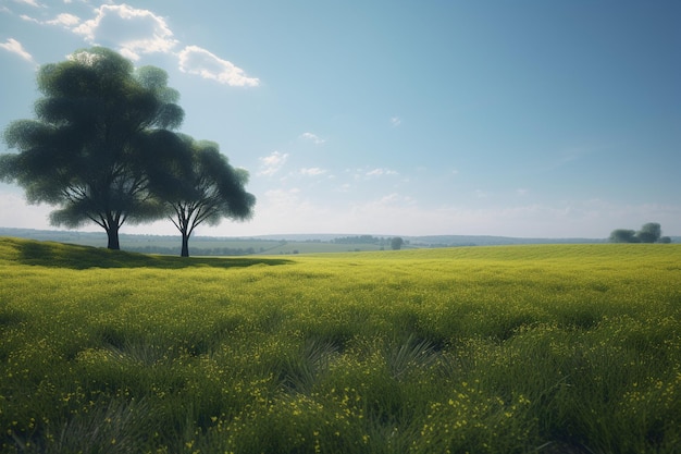 Een veld van gras en bomen met een blauwe lucht op de achtergrond.