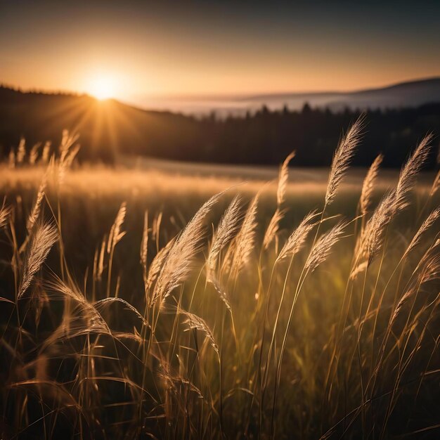 een veld van gras met de zon achter zich