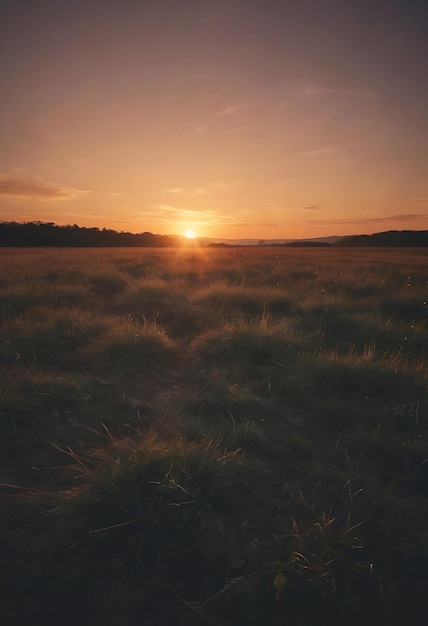 een veld van gras met de zon achter zich