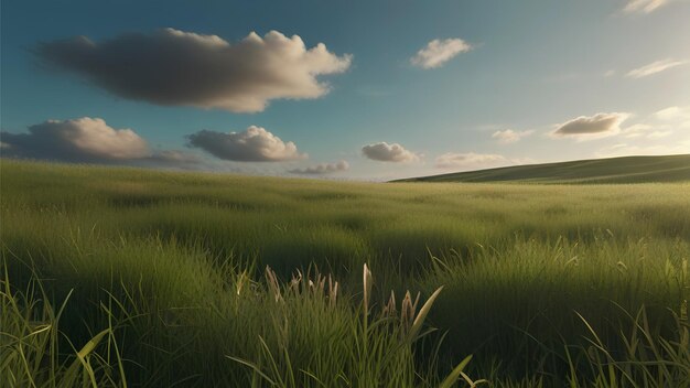 een veld van gras met de zon die door de wolken schijnt